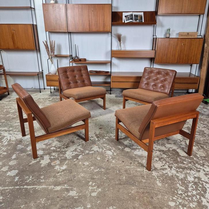 Ole Gjerløv Knudsen France & Søn modulaire set Deens 60's, Huis en Inrichting, Fauteuils, Gebruikt, Hout, Leer, Stof, 50 tot 75 cm