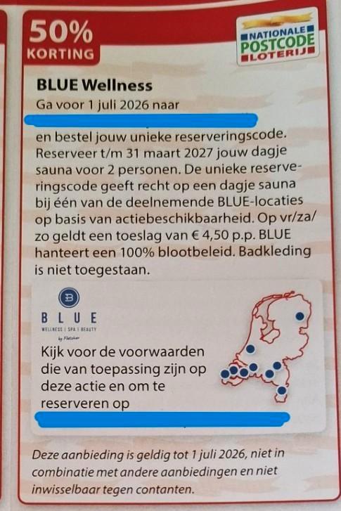 Blue Wellness dagje 50% korting, Tickets en Kaartjes, Kortingen en Cadeaubonnen, Drie personen of meer, Spa of Sauna, Kortingsbon