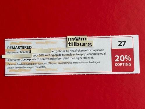 Bon 27 REMASTERED 20% korting voor maximaal 4 personen., Tickets en Kaartjes, Kortingen en Cadeaubonnen, Drie personen of meer