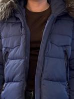 Warme blauwe bonte jas met zilver vos capuchon, Maat 38/40 (M), Blauw, Ophalen of Verzenden, Onbekend