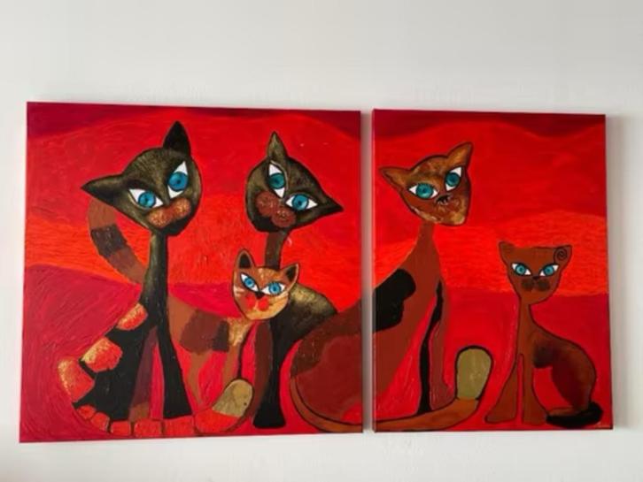 Schilderij op canvas - poezenschilderij 2 luik, Antiek en Kunst, Kunst | Schilderijen | Abstract, Ophalen of Verzenden