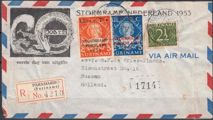 Suriname- 1953- Envelop- Stormramp Nederland- Zeldzaam, Postzegels en Munten, Brieven en Enveloppen | Buitenland, Envelop, Verzenden