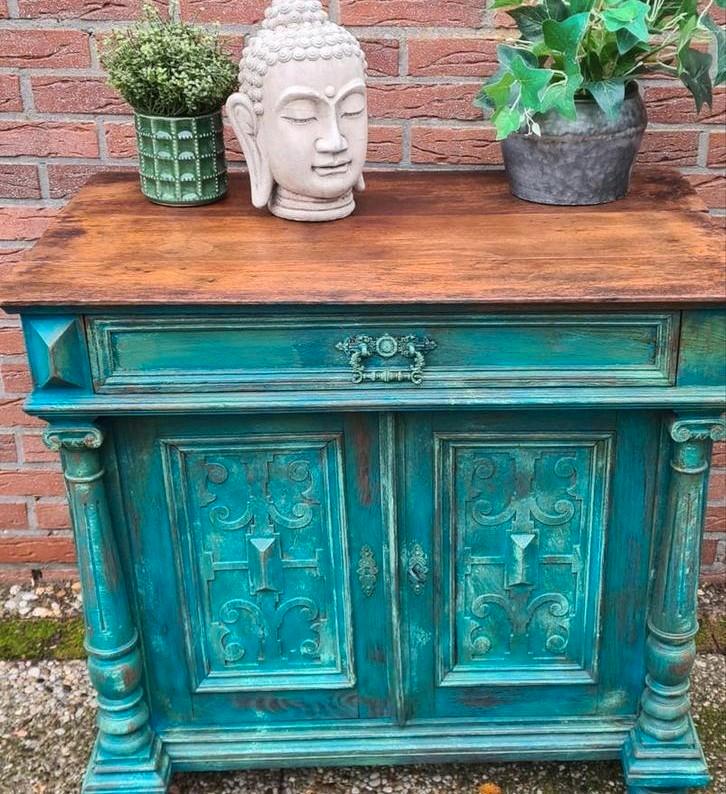 Uniek buffetkastje dressoir vintage India Ibiza stijl blauw, Huis en Inrichting, Kasten | Buffetkasten, Zo goed als nieuw, Minder dan 100 cm