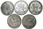 Nederland: 5 zilveren guldens 1922, 23, 24, 30 en 31 F+, 1 gulden, Setje, Zilver, Ophalen of Verzenden