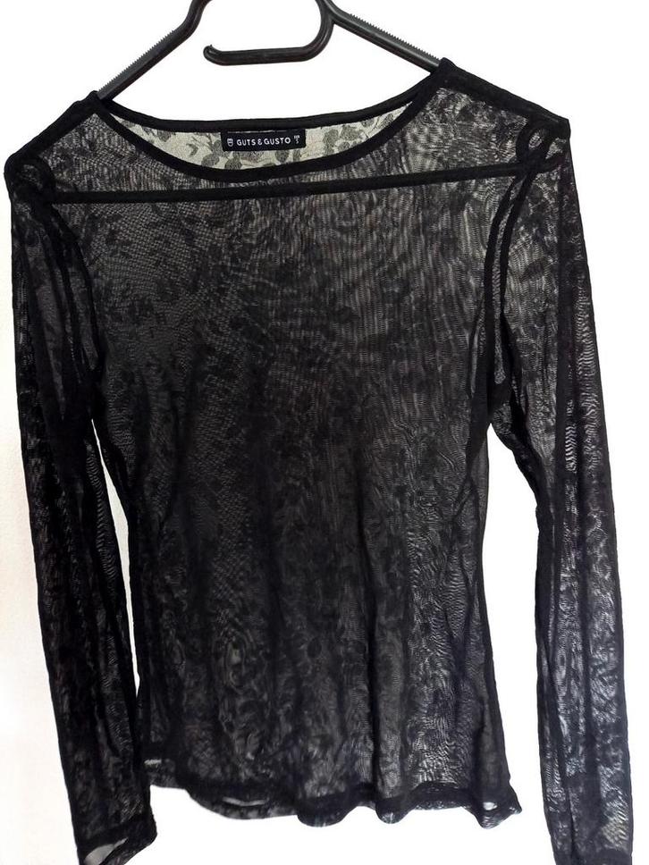 GUTS & GUSTO zwarte doorzichtige top met print mt S, Kleding | Dames, Tops, Zo goed als nieuw, Maat 36 (S), Zwart, Lange mouw
