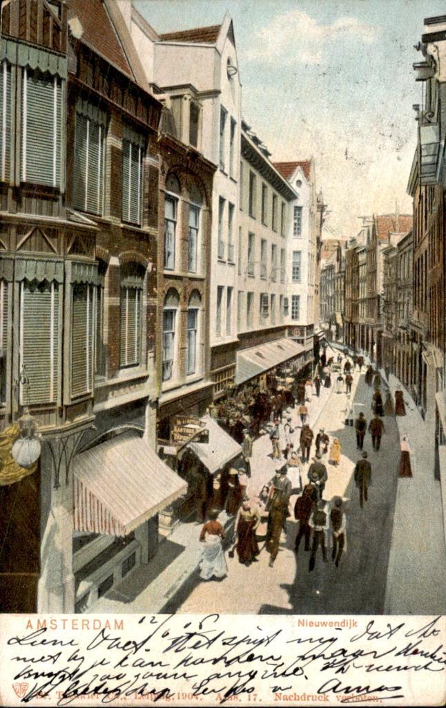 Amsterdam - Nieuwendijk, Verzamelen, Ansichtkaarten | Nederland, Gelopen, Noord-Holland, Voor 1920, Ophalen of Verzenden