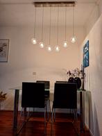 Glazen eet tafel 4 zwaart kleur stoelen en hang lamp, Huizen en Kamers