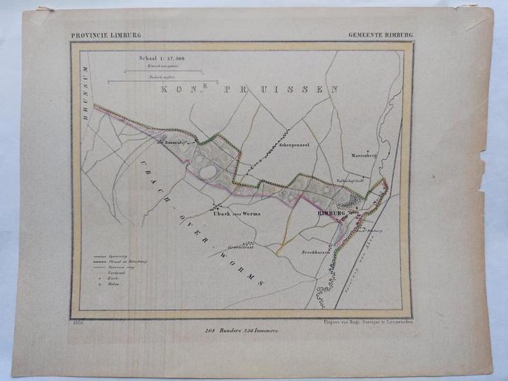 46 / Gemeente Rimburg Limburg Litho uit 1866 door J. Kuyper, Antiek en Kunst, Kunst | Litho's en Zeefdrukken, Ophalen of Verzenden