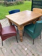 Teakhouten eettafel met 4 lederen stoelen, Gebruikt, 100 tot 150 cm, Teakhout, Vier personen