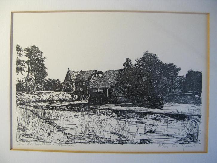 originele ets L. v. Gent Opwettense watermolen Nuenen, Antiek en Kunst, Kunst | Etsen en Gravures, Ophalen of Verzenden