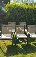 Vijf kunststoffen stapelbare stoelen met kussens met rits, Tuin en Terras, Tuinstoelen, Ophalen, Gebruikt, Teakhout, Stapelbaar