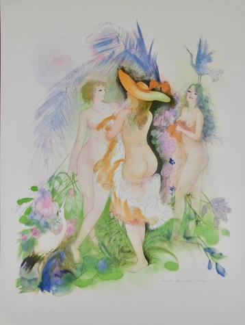 Zeefdruk Armandine Doré - Nus aux oiseaux beschikbaar voor biedingen
