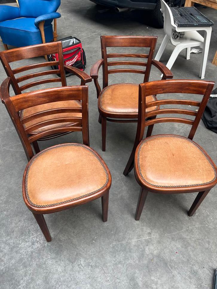Vier Bruine Houten Stoelen van Hutten met Leren Zitting, Huis en Inrichting, Stoelen, Gebruikt, Vier, Hout, Bruin, Ophalen of Verzenden