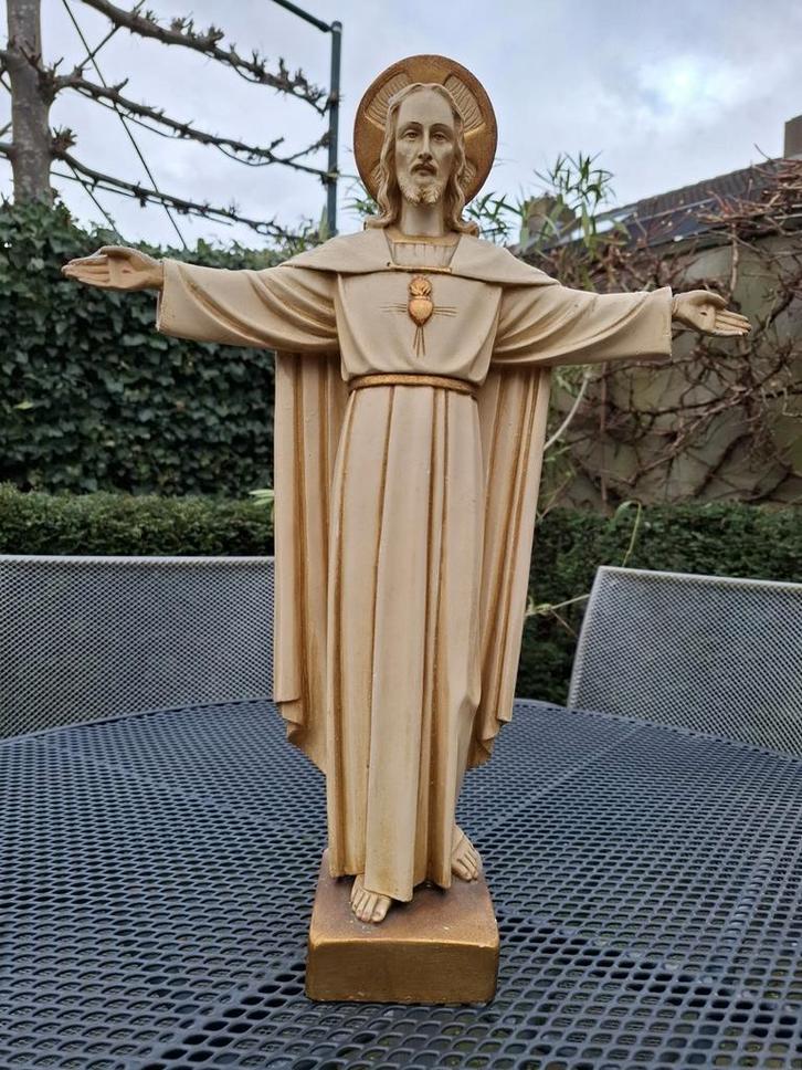 Heilig Hart Beeld jaren 50 + Houten Standaard, Antiek en Kunst, Antiek | Religie, Ophalen of Verzenden
