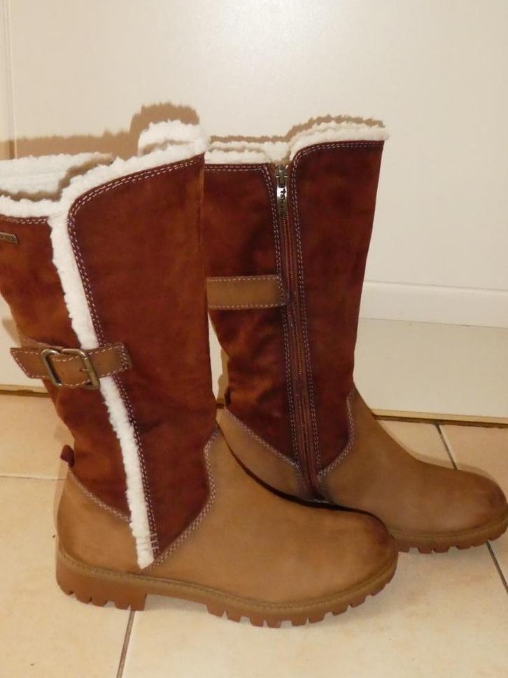 Tamaris bontlaarzen maat 39 cognac bruin hoog ZGAN, Kleding | Dames, Schoenen, Zo goed als nieuw, Hoge laarzen, Bruin, Verzenden