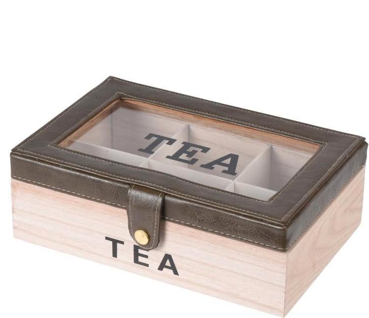 Mooie theedoos met grijs leer, Huis en Inrichting, Keuken | Keukenbenodigdheden, Nieuw, Ophalen of Verzenden