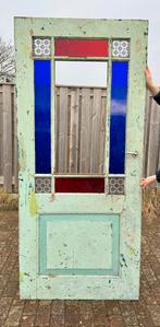 Oude houten paneeldeur met gekleurd glas, Ophalen, 80 tot 100 cm, Binnendeur, 200 tot 215 cm