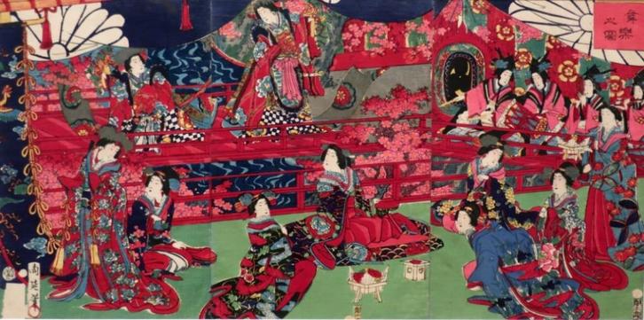 Dames' dansvoorstelling - Chikanobu - 1878 - overdruk, Antiek en Kunst, Kunst | Niet-Westerse kunst, Verzenden