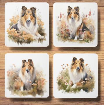 Collie Aquarel onderzetters met houder beschikbaar voor biedingen
