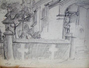 Hubert Bekman " Begraafplaats Grathem "potlood tekening 1935 beschikbaar voor biedingen