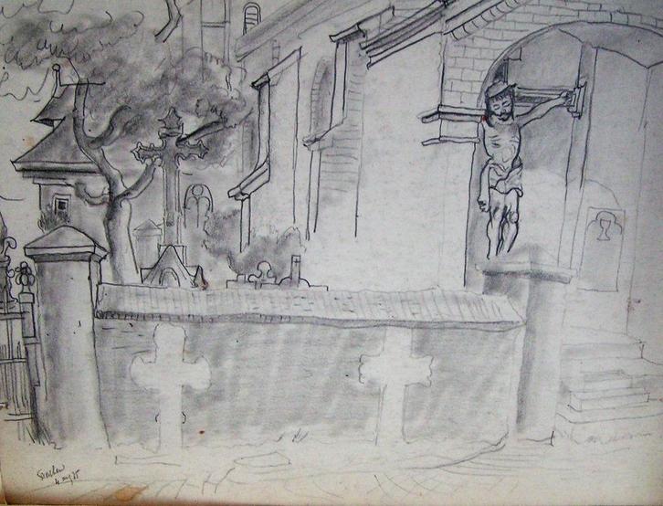 Hubert Bekman " Begraafplaats Grathem "potlood tekening 1935, Antiek en Kunst, Kunst | Tekeningen en Foto's, Verzenden