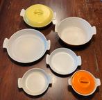 Set 6 gietijzeren retro ovenschalen o.a. le Creuset en Dru, Verzamelen, Retro, Overige typen, Ophalen