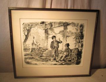 Prachtige Antieke Gravure 'Lummelen na schooltijd' - 54x46 beschikbaar voor biedingen
