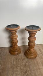 Houten kandelaars voor kaars ongevvee 25 cm, Ophalen of Verzenden, Zo goed als nieuw, Hout, 25 tot 50 cm