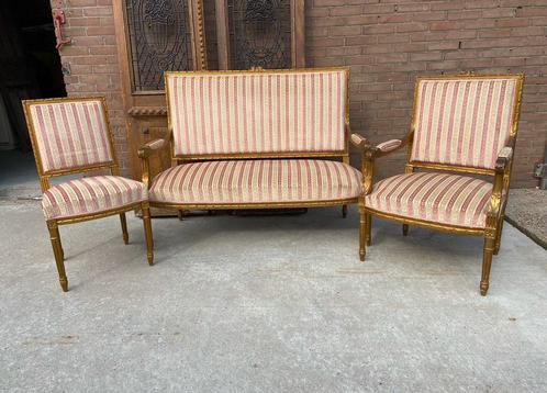 3-delige antieke salonset Lodewijk XVI stijl, bank 2 stoelen, Antiek en Kunst, Antiek | Meubels | Stoelen en Banken, Ophalen