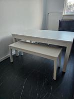 Uitschuifbare witte IKEA tafel + zitbankje - (kindertafel?), Huis en Inrichting, Tafels | Eettafels, Ophalen, Rechthoekig, 100 tot 150 cm