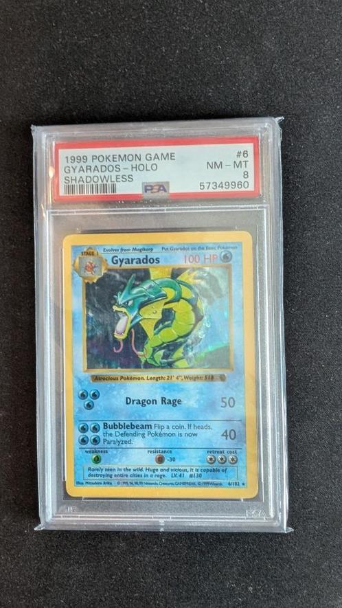 Base set Shadowless 6/102 Gyarados PSA 8, Hobby en Vrije tijd, Verzamelkaartspellen | Pokémon, Zo goed als nieuw, Losse kaart