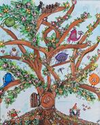Schilderij kabouter boom met vogels vrolijk acryl op canvas, Ophalen of Verzenden