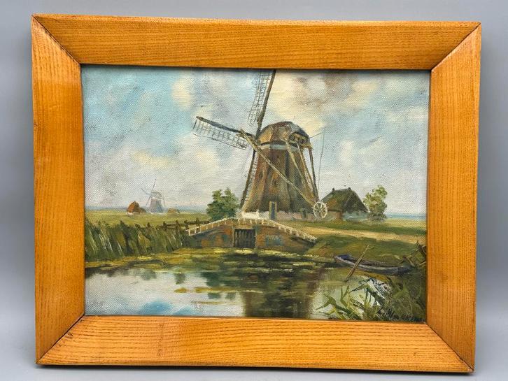 Schilderij met molen en waterlandschap, Antiek en Kunst, Kunst | Schilderijen | Klassiek, Ophalen of Verzenden