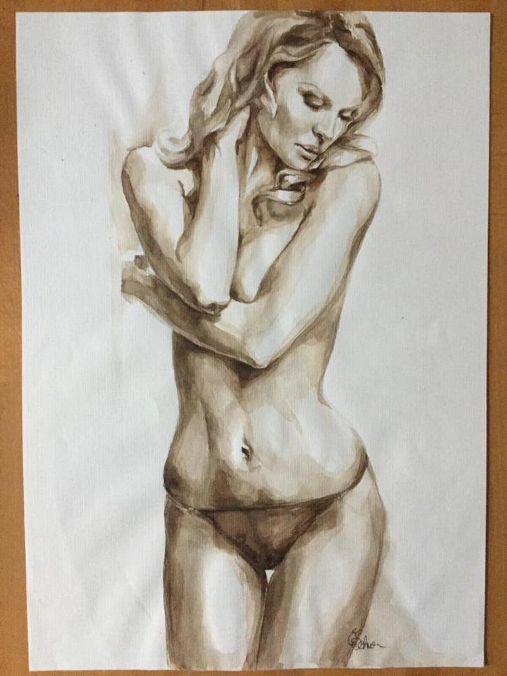 Aquarell DIN A3, Portrait Gemälde Original Signiert, sexy, Antiek en Kunst, Kunst | Tekeningen en Foto's, Verzenden