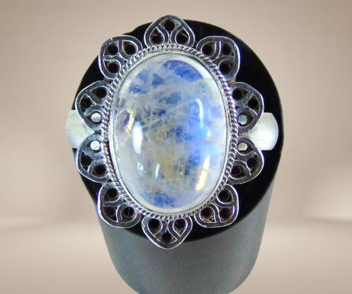 Prachtige 925 zilver grote regenboog MAANSTEEN ring M19/19,5, Sieraden, Tassen en Uiterlijk, Ringen, Zo goed als nieuw, Dame of Heer