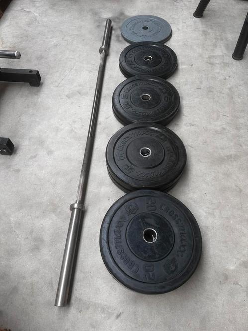 105kg Crossmaxx Bumperplates + Crossmaxx Barbell 220cm ,20kg, Sport en Fitness, Fitnessmaterialen, Zo goed als nieuw, Overige typen