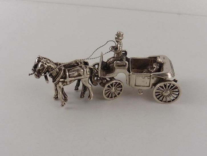 Zilveren miniatuur Koets met 2 paarden                   Z82, Antiek en Kunst, Antiek | Goud en Zilver, Zilver, Ophalen of Verzenden
