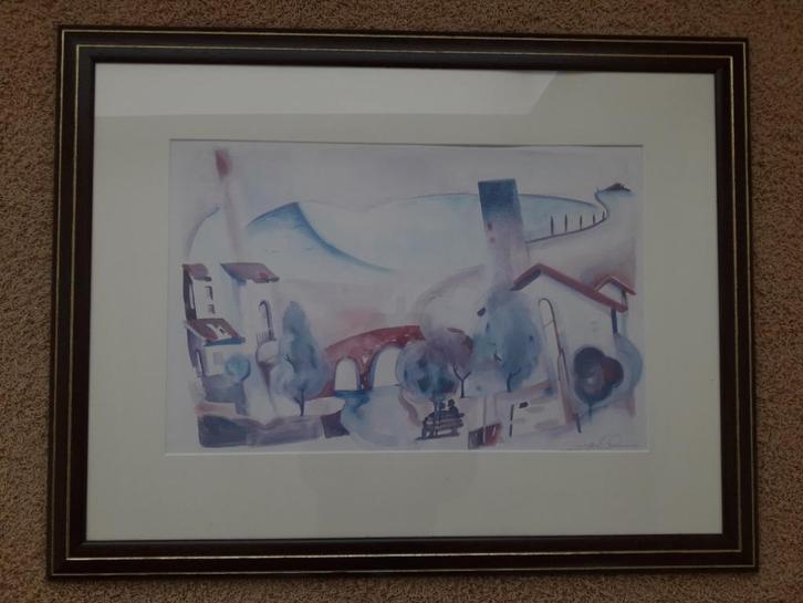 Litho / Prent met een stadje, modern geschilderd, Antiek en Kunst, Kunst | Litho's en Zeefdrukken, Ophalen