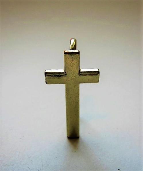 Dubbele ring met kruis, goudkleurig metaal (8043), Verzamelen, Religie, Gebruikt, Sieraad, Ophalen