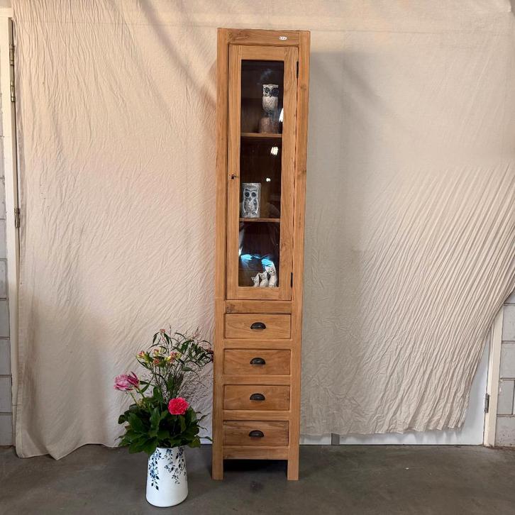 Vitrinekast - 40 cm breed - massief teakhout - TTM Wonen, Huis en Inrichting, Kasten | Vitrinekasten, Nieuw, 200 cm of meer, Minder dan 50 cm