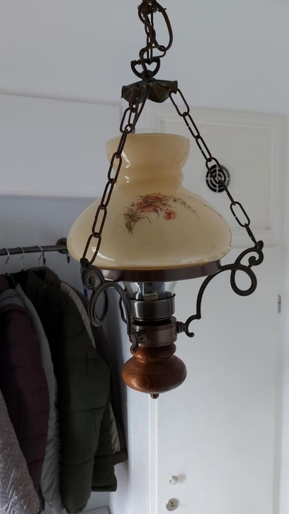 Vintage Hanglamp met Bloemmotief glazen kap, Huis en Inrichting, Lampen | Hanglampen, Gebruikt, Glas, Hout, Metaal, Ophalen