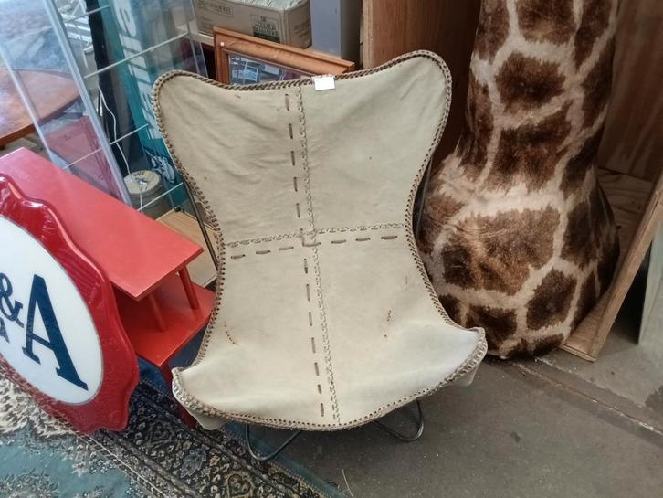 Vintage Yute Mariposa Vlinderstoel, Huis en Inrichting, Fauteuils, Gebruikt, Leer, Metaal, 50 tot 75 cm, 75 tot 100 cm, Ophalen of Verzenden