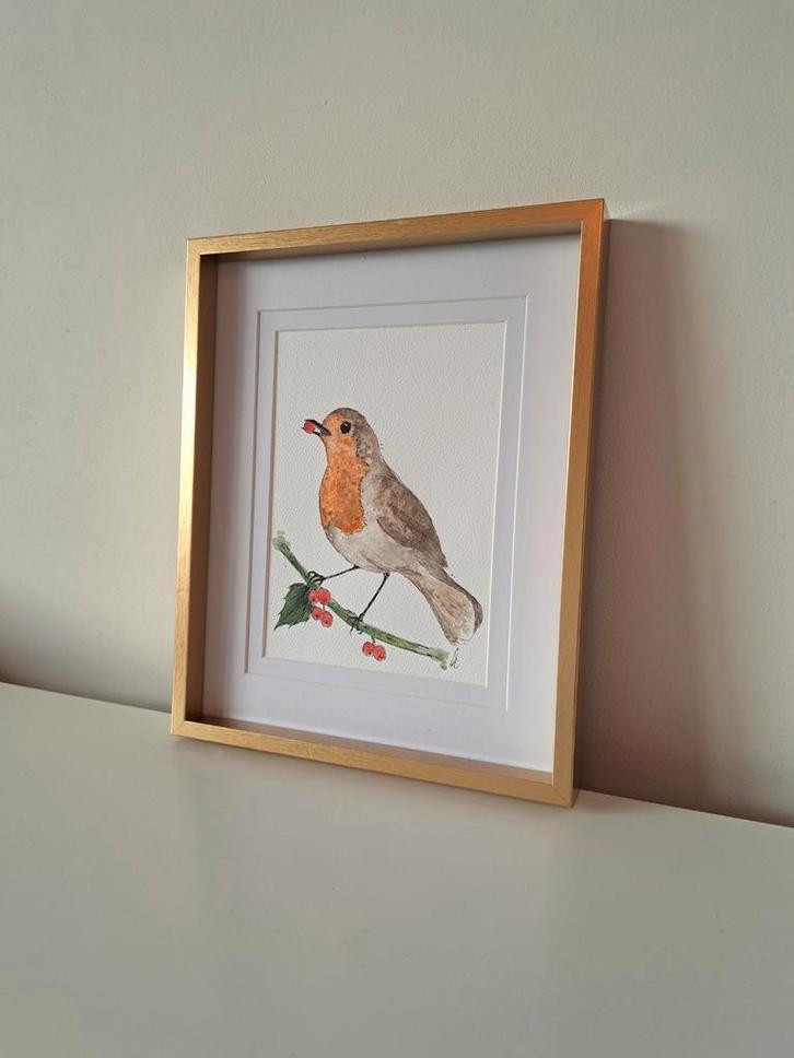 Aquarel schilderij Roodborstje hulst | Goudkleurige lijst, Huis en Inrichting, Woonaccessoires | Lijsten, Zo goed als nieuw, Minder dan 50 cm