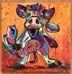 Origineel schilderij – vrolijke koe & bloemen handgemaakt, Antiek en Kunst, Kunst | Schilderijen | Modern, Ophalen of Verzenden