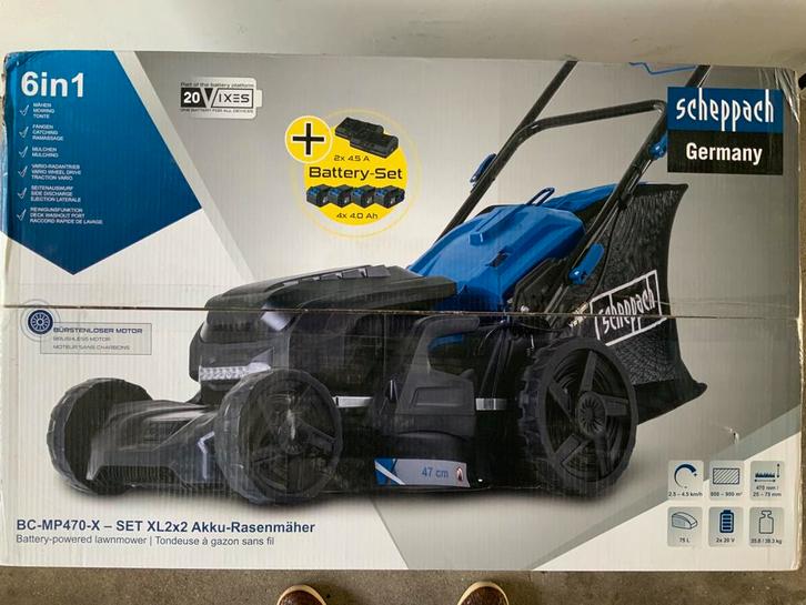 Scheppach accu grasmaaier 4x20v 4Ah accu, Tuin en Terras, Grasmaaiers, Nieuw, Accu-grasmaaier, 40 t/m 49 cm, Cirkelmaaier, Mulchfunctie