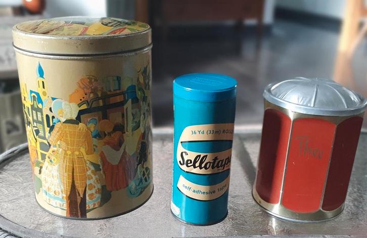 Brocante bussen voorraad, Sellotape, thee, Antiek en Kunst, Curiosa en Brocante, Ophalen of Verzenden