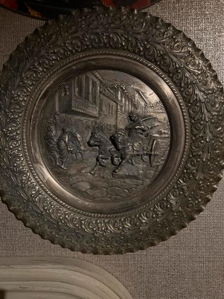 Antiek Tinnen Bord met Paard en Koets, Antiek en Kunst, Antiek | Wandborden en Tegels, Ophalen of Verzenden