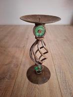 Vintage bruin metalen kandelaar met groen glas., Huis en Inrichting, Woonaccessoires | Kandelaars en Kaarsen, Bruin, Ophalen of Verzenden