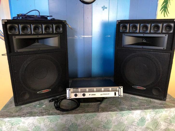 2 boxen en versterker geluidsinstallatie, Audio, Tv en Foto, Professionele Audio-, Tv- en Video-apparatuur, Gebruikt, Audio, Ophalen of Verzenden