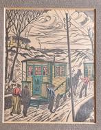 Jan Franken Pzn - Woonwagens - houtsnede, Antiek en Kunst, Ophalen of Verzenden